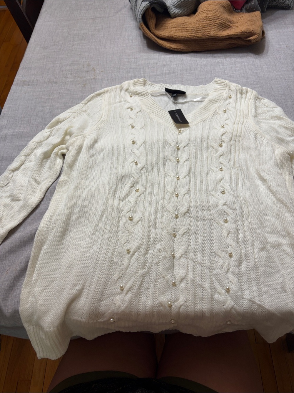 Lane Bryant Cream V-Neck Cable Knit Sweater with Pearls
